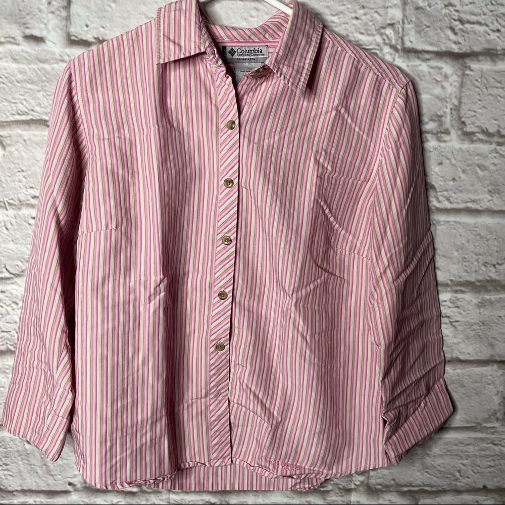Columbia Button Striped Pink‎ Green Womens Top Size Large